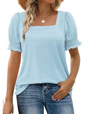 Women's 1 Bluestripe Square Neck Top Summer Casual Ruffle Trim Sleeve T Shirt